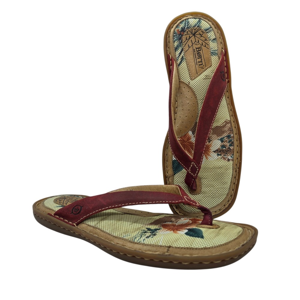 Born Womens Red Floral Tropical Thong Sandals Flip Flops W5944 Size 8 39
